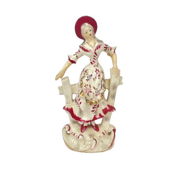 Vintage Hand-Painted Ceramic Figurine Of Woman In Red Bonnet & Dress - Picture 1 of 8